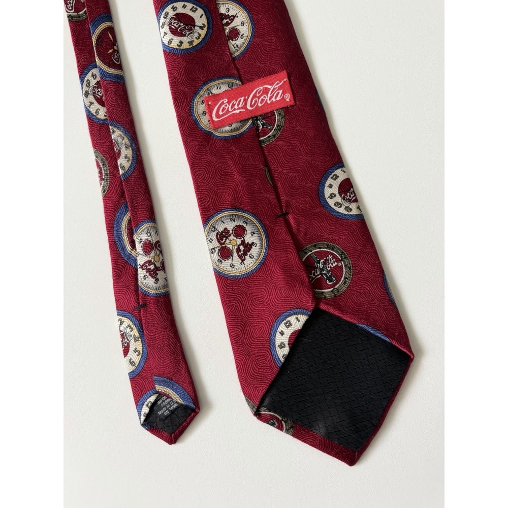 Vintage Coca Cola Wavy Clocks Woven 100% Silk Tie Necktie Made in USA Short 56"